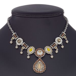 Necklace, glass rhinestone / resin / cat's eye glass / antique silver-coated plastic / antique silver-plated steel / "pewter" (zinc-based alloy), multicolored, teardrop, 16 inches with 2-1/2 inch extender chain and lobster claw clasp. Sold individually.