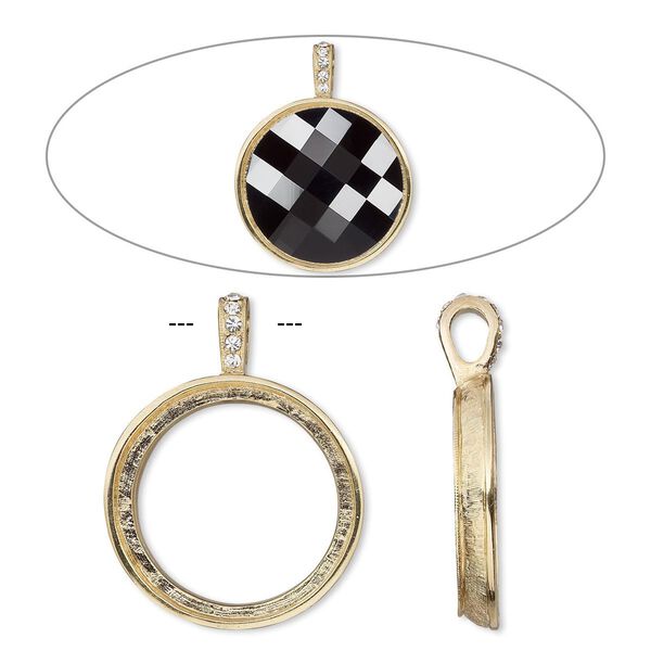 Pendant, Almost Instant Jewelry®, crystals and gold-finished "pewter" (zinc-based alloy), crystal clear, 44x34mm single-sided smooth round with 30mm round setting. Sold individually. image number 0