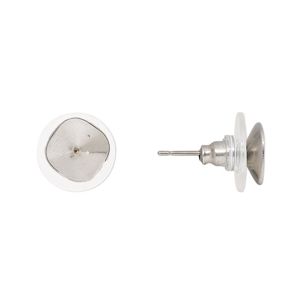 Earstud, Almost Instant Jewelry®, stainless steel, clear, 9mm with 8mm faceted cushion setting. Sold per pkg of 2 pairs. image number 0