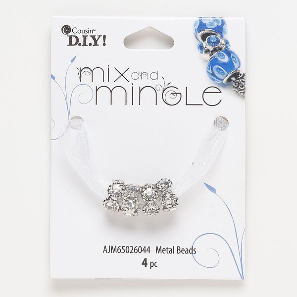 Bead, silver-finished "pewter" (zinc-based alloy) and glass, clear, 12x6mm rondelle. Sold per pkg of 4. image number 0