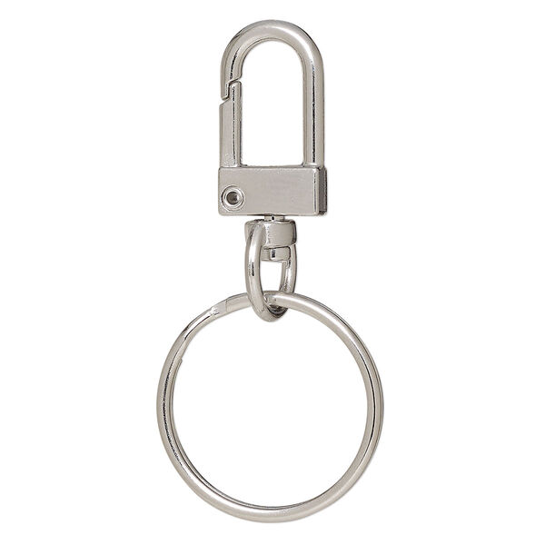 Key ring, imitation rhodium-finished brass and steel, 55.5x25.5mm overall with 21x12mm self-closing trapezoid on a swivel with 25mm split ring. Sold per pkg of 5. image number 0
