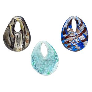 Random focal mix, lampworked glass, opaque to translucent mixed colors, 35x26mm-39x30mm teardrop go-go with copper-colored glitter and silver-colored foil. Sold per pkg of 3.