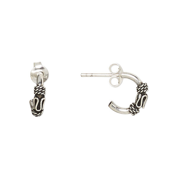 Earstud, Create Compliments®, antiqued sterling silver, 10.5mm half hoop with twisted rope and swirl design. Sold per pair. image number 0