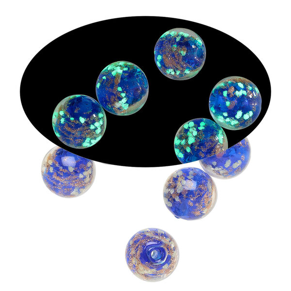 Bead, lampworked glass, clear / cobalt blue / glow-in-the-dark / gold, 10mm round. Sold per pkg of 6. image number 0