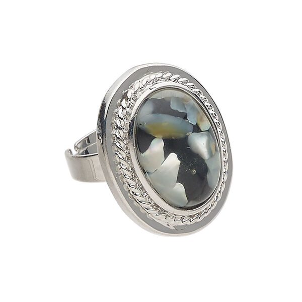Ring 1pkg1 "pewter" (zinc-based alloy) / mother-of-pearl shell / golden lip shell, 26x20mm oval, bleached/assembled silver finish / black / white image number 0