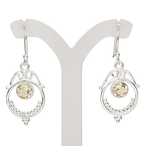 Earring, Create Compliments®, citrine (heated) and sterling silver, 34-36mm with fishhook ear wire, 21 gauge. Sold per pair. image number 0