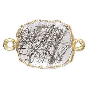 Tourmalinated quartz / sterling silver 1pkg2, electrocoated gold-plated freeform rectangle link natural 13x12mm-15x14mm