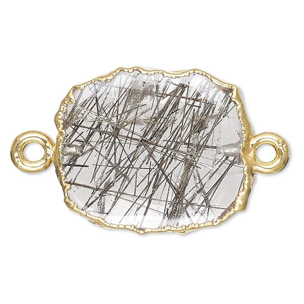 Tourmalinated quartz / sterling silver 1pkg2, electrocoated gold-plated freeform rectangle link natural 13x12mm-15x14mm image number 0