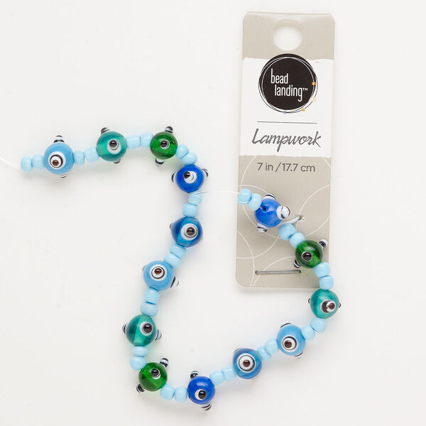 Bead, lampworked glass, opaque and translucent multicolored, 11x7mm bumpy rondelle and #6 seed beads. Sold per 8-inch strand. image number 0