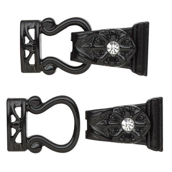 Clasp, magnetic, black-finished "pewter" (zinc-based alloy) and glass, clear, 29x13mm 2-strand fold-over. Sold per pkg of 2. image number 0