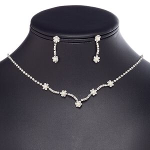 Necklace and earring set, glass rhinestone / plastic / glass pearl / imitation rhodium-plated brass / steel, clear and white, cupchain and 7x7mm flower, 15" to 16" necklace with 3-inch extender chain and lobster claw clasp, 28mm earrings with post. Sold per set.