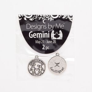 "Pewter" (zinc-based alloy) / enamel 1pkg2, 2-sided round charm / Gemini / "Intelligent" antique silver-finish / black 17mm