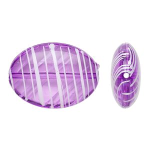Bead, acrylic, semitransparent purple and white, 33x24mm puffed oval with painted line design. Sold per pkg of 18.