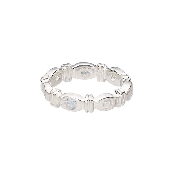 Ring, sterling silver and rainbow moonstone (natural), 2mm faceted round, size 8. Sold individually. image number 0