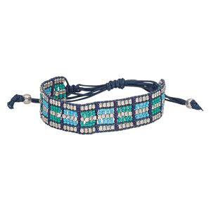 Bracelet, waxed cotton cord / glass / silver-plated steel, turquoise blue / blue-green / purple, 18mm wide, adjustable from 6-1/2 to 9-1/2 inches with macramé knot closure. Sold individually.