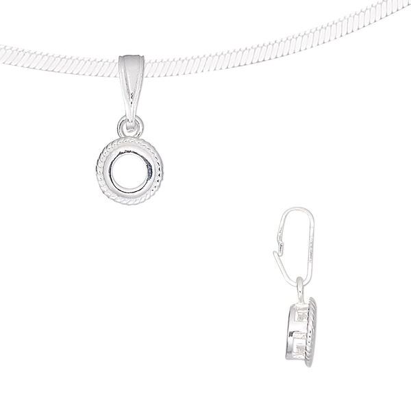 Pendant, sterling silver, round with rope edge, 16x7mm, 4mm round setting. Sold individually. image number 0