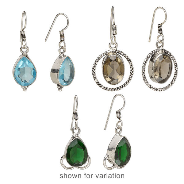 Earring mix 1pkg6, glass with silver- and antique silver-finished brass, mixed colors, 1-1/4 inch to 1-3/4 inch oval and teardrop with fishhook ear wire. 3 pairs. image number 3