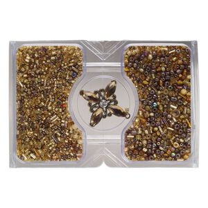 Pendant and bead mix, antique brass-finished "pewter" (zinc-based alloy) and glass, opaque to transparent multi-brown, 38mm star and 15/0 to 10mm mixed shapes. Sold per 100-gram pkg, approximately 750 beads.
