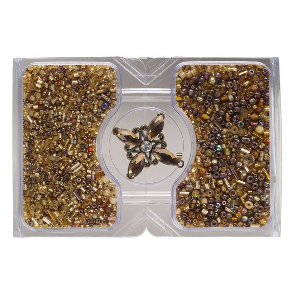 Pendant and bead mix, antique brass-finished "pewter" (zinc-based alloy) and glass, opaque to transparent multi-brown, 38mm star and 15/0 to 10mm mixed shapes. Sold per 100-gram pkg, approximately 750 beads. image number 0