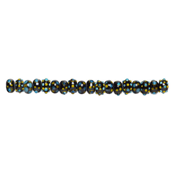 Bead, lampworked glass, black / yellow / blue, 14x10mm rondelle. Sold per pkg of 20. image number 1