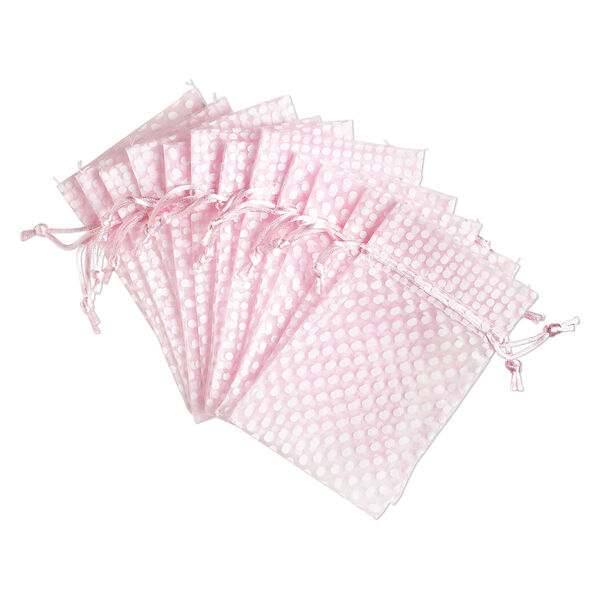 Pouch, organza, light pink and white, 6x4 inches with dots pattern and drawstring closure. Sold per pkg of 12. image number 0