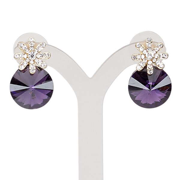 Earring, glass / glass rhinestone / stainless steel / gold-finished "pewter" (zinc-based alloy), purple and clear, 22mm with round and post. Sold per pair. image number 0