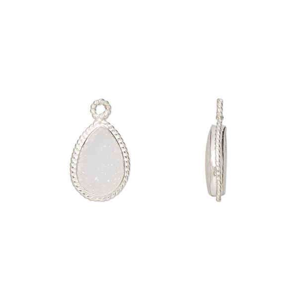 Drop, druzy agate (coated) and sterling silver, white AB, 11x9mm-12x10mm hand-cut single-sided teardrop with rope edge design, B grade, Mohs hardness 7. Sold individually. image number 0