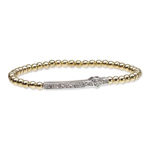 Bracelet, stretch, Czech glass rhinestone / gold-finished brass / imitation rhodium-plated "pewter" (zinc-based alloy), clear, 6mm wide with 33x6mm rectangle and heart, 6-1/2 inches. Sold individually.
