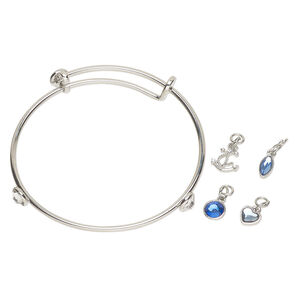 Bracelet / drop / charm assortment 1pkg5, glass / antique silver-finished brass and steel, mixed colors, mixed sizes and shapes, 7-1/2 inches