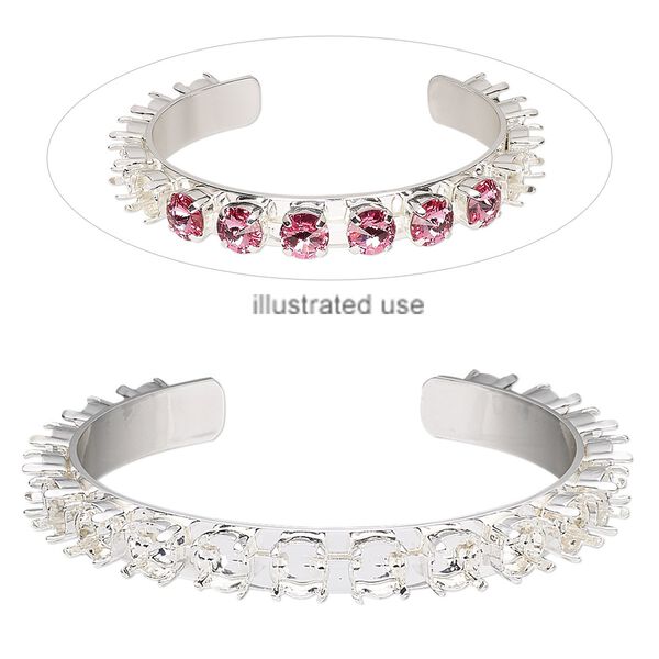 Bracelet, cuff, silver-plated brass, 9mm wide cupchain with (18) SS39 settings, adjustable from 7-1/2 to 8-1/2 inches. Sold individually. image number 0