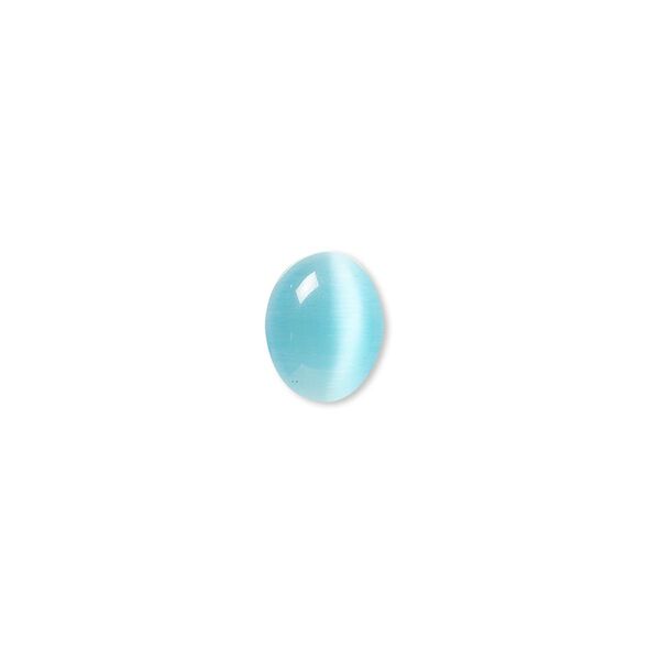 Cabochon, cat's eye glass (fiber optic glass), turquoise blue, 10x8mm calibrated oval, quality grade. Sold per pkg of 10. image number 0