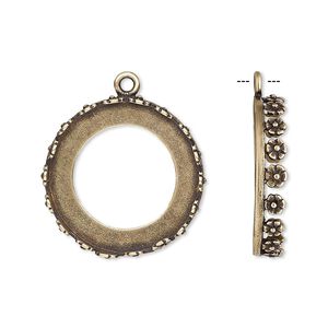 Drop, JBB Findings, antiqued brass, 22mm round with open back and flower design trim, 20mm round bezel setting. Sold per pkg of 2.