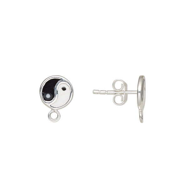 Earstud, sterling silver and enamel, white and black, 8mm round with yin-yang and closed loop. Sold per pair. image number 0