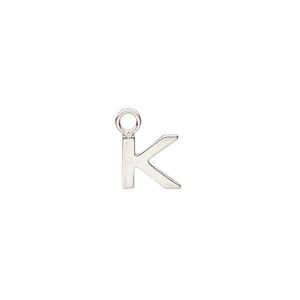 Charm, sterling silver, 9x8mm single-sided modern square alphabet letter K. Sold individually.