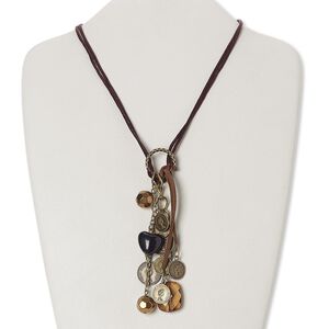 Necklace, acrylic / satin / glass / antiqued brass-finished steel, copper / brown / black, 5-inch dangle with heart and coins, 24 inches with 2-inch extender chain and lobster claw clasp. Sold individually.