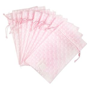Pouch, flocked organza, pink and white, 10x6 inches with dots pattern and drawstring closure. Sold per pkg of 12.