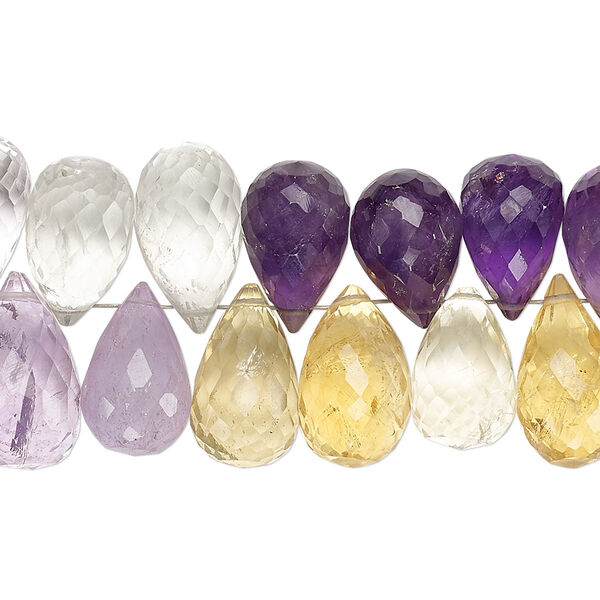 Bead, amethyst / lemon quartz / smoky lemon quartz (natural / dyed / heated / irradiated), 14x9mm-18x10mm hand-cut top-drilled faceted teardrop, C grade, Mohs hardness 7. Sold per 4-inch strand. image number 0
