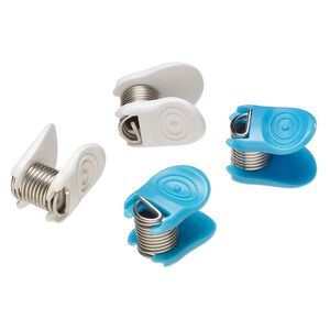 Clip, Bead Bugs™, plastic and stainless steel, white / teal / silver, 23x17x17mm with soft comfort grip. Sold per pkg of 4.