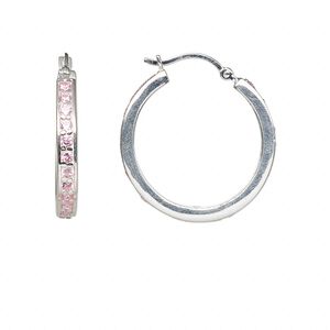 Earring, sterling silver and cubic zirconia, pink, 26mm round hoop with latch-back closure. Sold per pair.