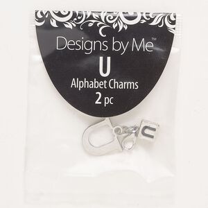 "Pewter" (zinc-based alloy) / brass / enamel 1pkg2, "U" charm / lobster claw clasp / cube bead antique silver-finished / black 15x13mm / 7mm