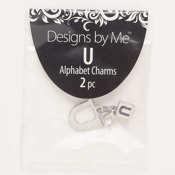 "Pewter" (zinc-based alloy) / brass / enamel 1pkg2, "U" charm / lobster claw clasp / cube bead antique silver-finished / black 15x13mm / 7mm image number 0