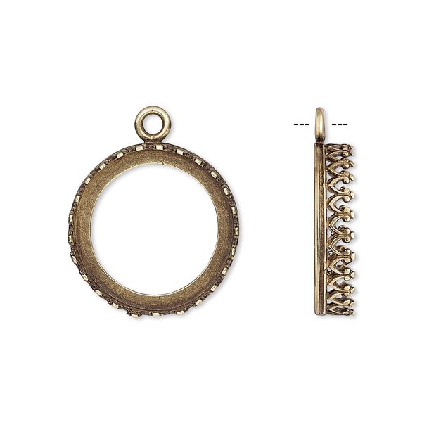 Drop, JBB Findings, antiqued brass, 18mm round with open back and decorative trim, 16mm round bezel setting. Sold per pkg of 2. image number 0