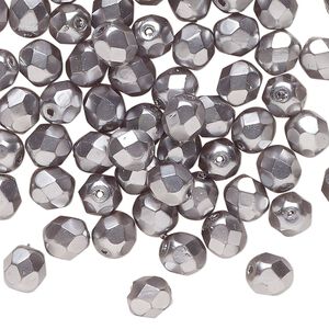 Bead, Czech fire-polished glass, opaque aluminum silver, 6mm faceted round. Sold per 15-1/2 to 16" strand, approximately 70 beads.