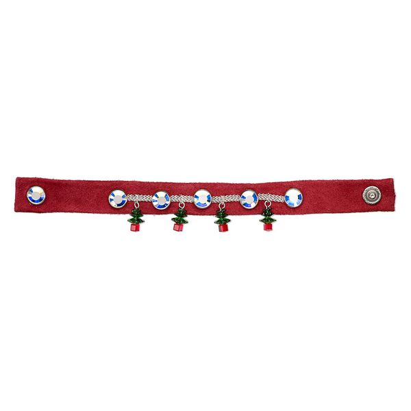 Bracelet, One of a Kind Jewelry, leather and crystal, red / green / clear AB, 7 inches. Only one available. image number 0