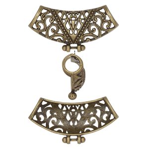 Slide, antique brass-finished "pewter" (zinc-based alloy), 34.5x18mm single-sided curved tube with fancy cutout design. Sold per pkg of 6.