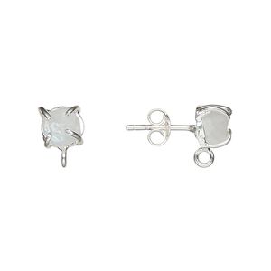 Earstud 1pkg2 sterling silver / rainbow moonstone (natural), 5x5mm-7x7mm rough nugget / closed loop, 1 pair