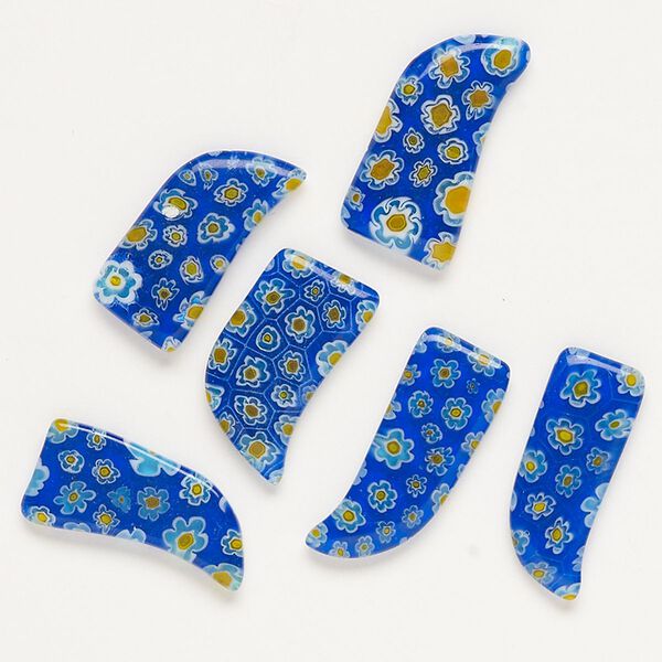 Component, millefiori glass, translucent cobalt blue / yellow-orange / white, 25x12mm-28x14mm undrilled talon. Sold per pkg of 6. image number 0