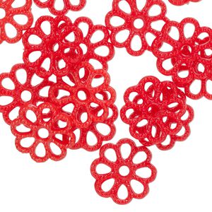 Component, acrylic, opaque red, 14mm flower with cutout design. Sold per pkg of 24.