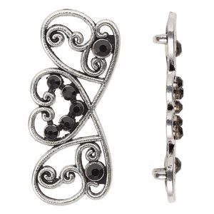 Spacer, antiqued silver-finished "pewter" (zinc-based alloy) and Czech glass rhinestone, black, 41x17mm 2-strand fancy rectangle. Sold per pkg of 4.