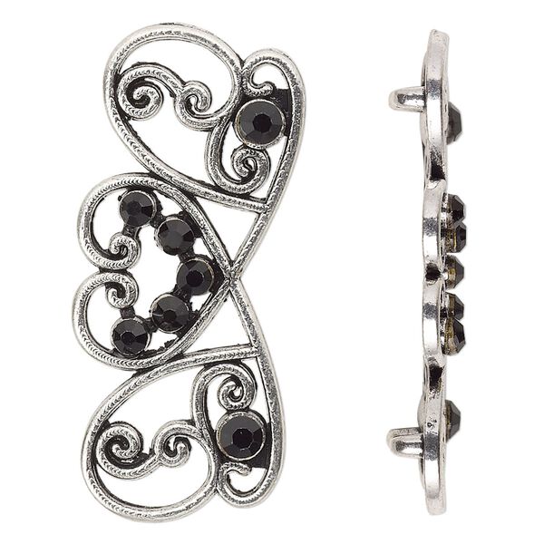 Spacer, antiqued silver-finished "pewter" (zinc-based alloy) and Czech glass rhinestone, black, 41x17mm 2-strand fancy rectangle. Sold per pkg of 4. image number 0